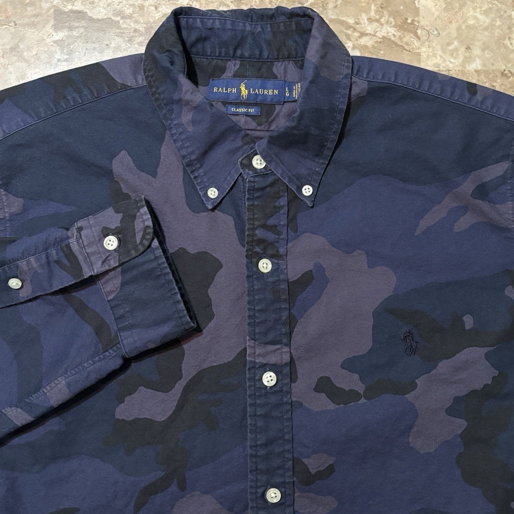 Polo Ralph Lauren Shirt Large Classic Fit Blue Camo Oxford Long Sleeve USRL OCBD